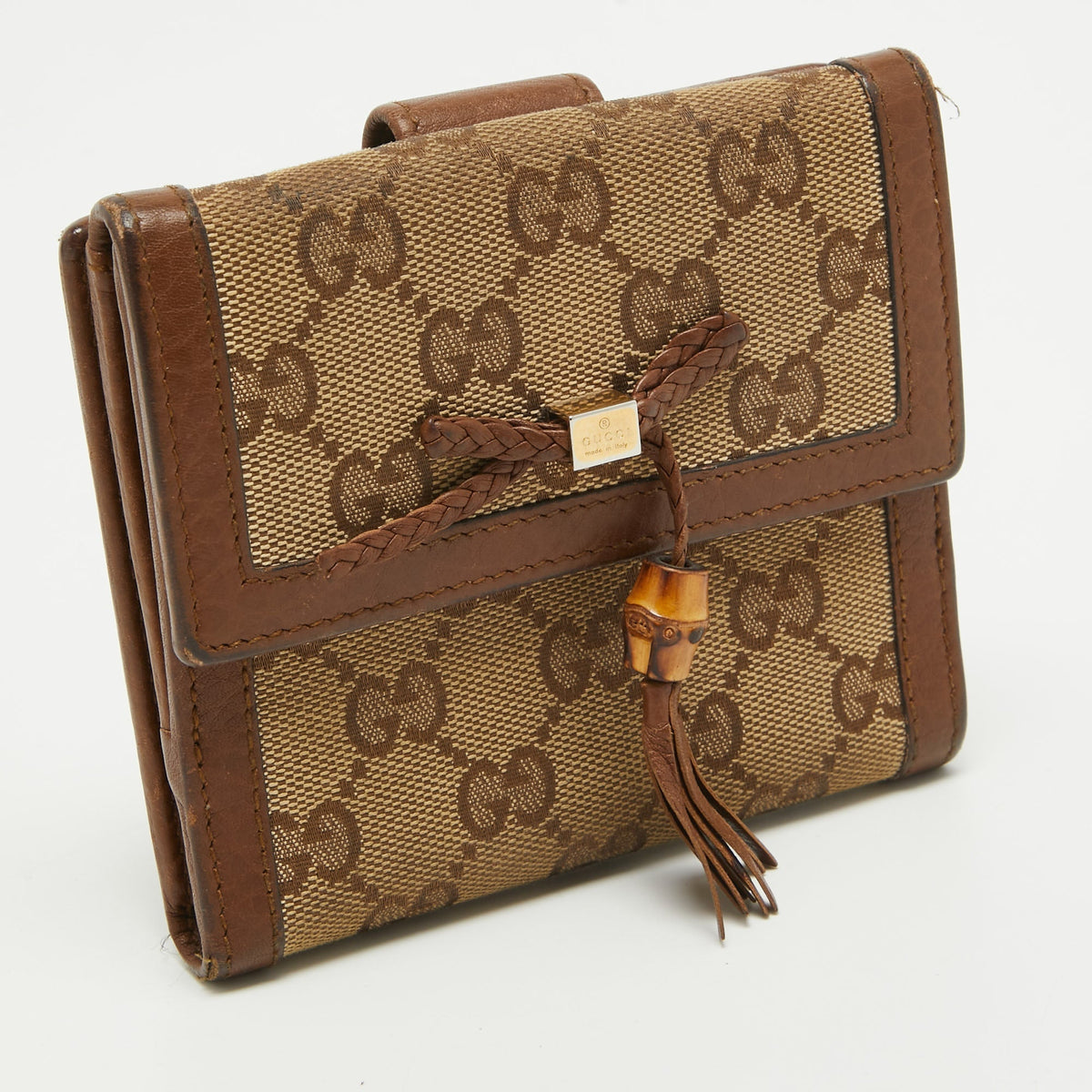 GUCCI Brown/Beige GG Canvas and Leather Bamboo Tassel Compact Wallet