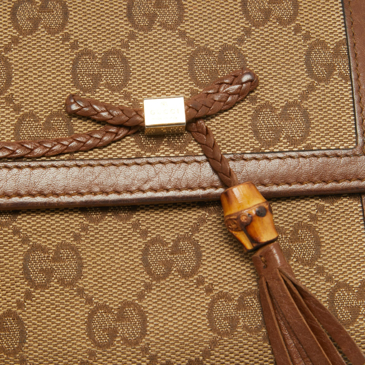 GUCCI Brown/Beige GG Canvas and Leather Bamboo Tassel Compact Wallet