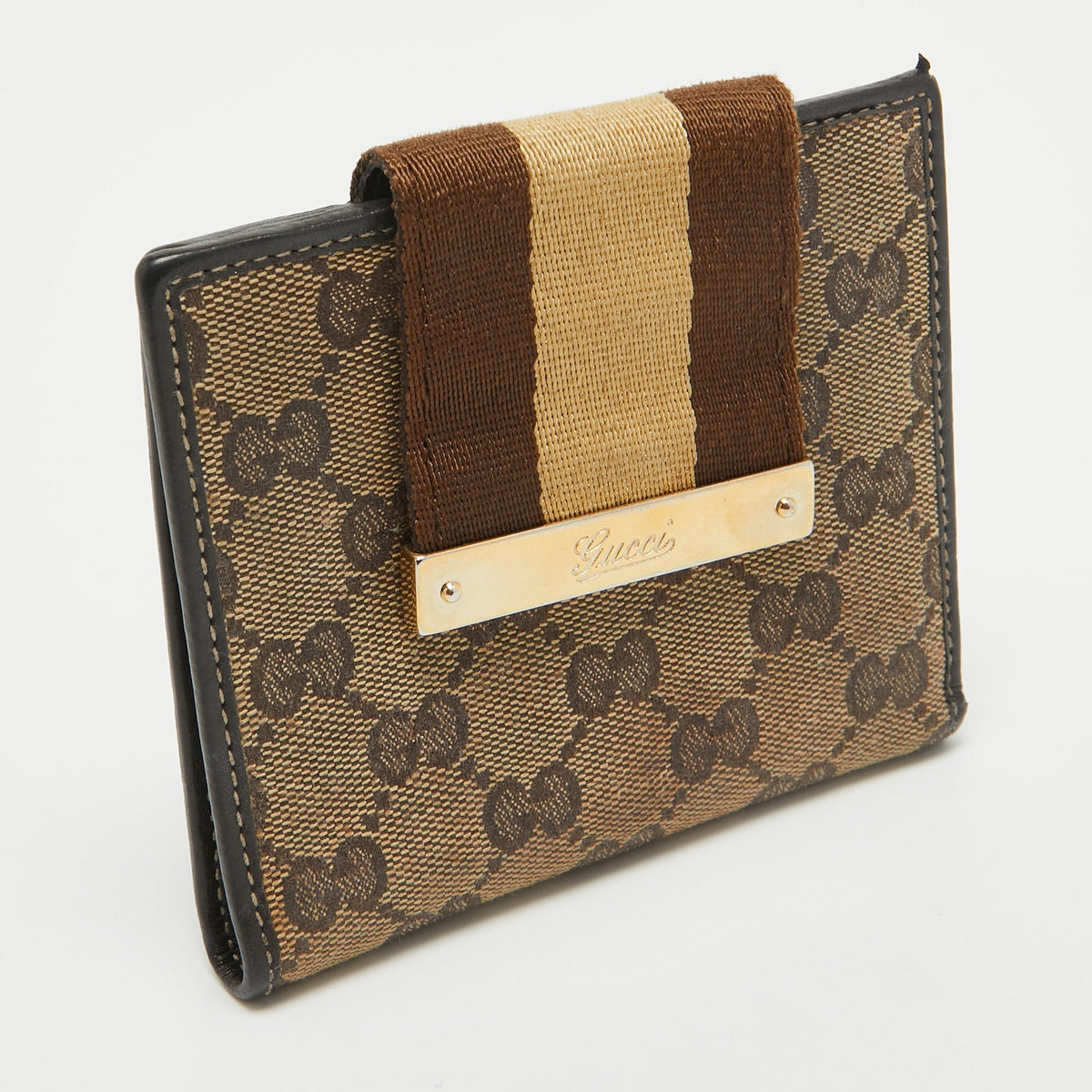 GUCCI Beige/Brown GG Supreme Canvas Web Flap French Wallet