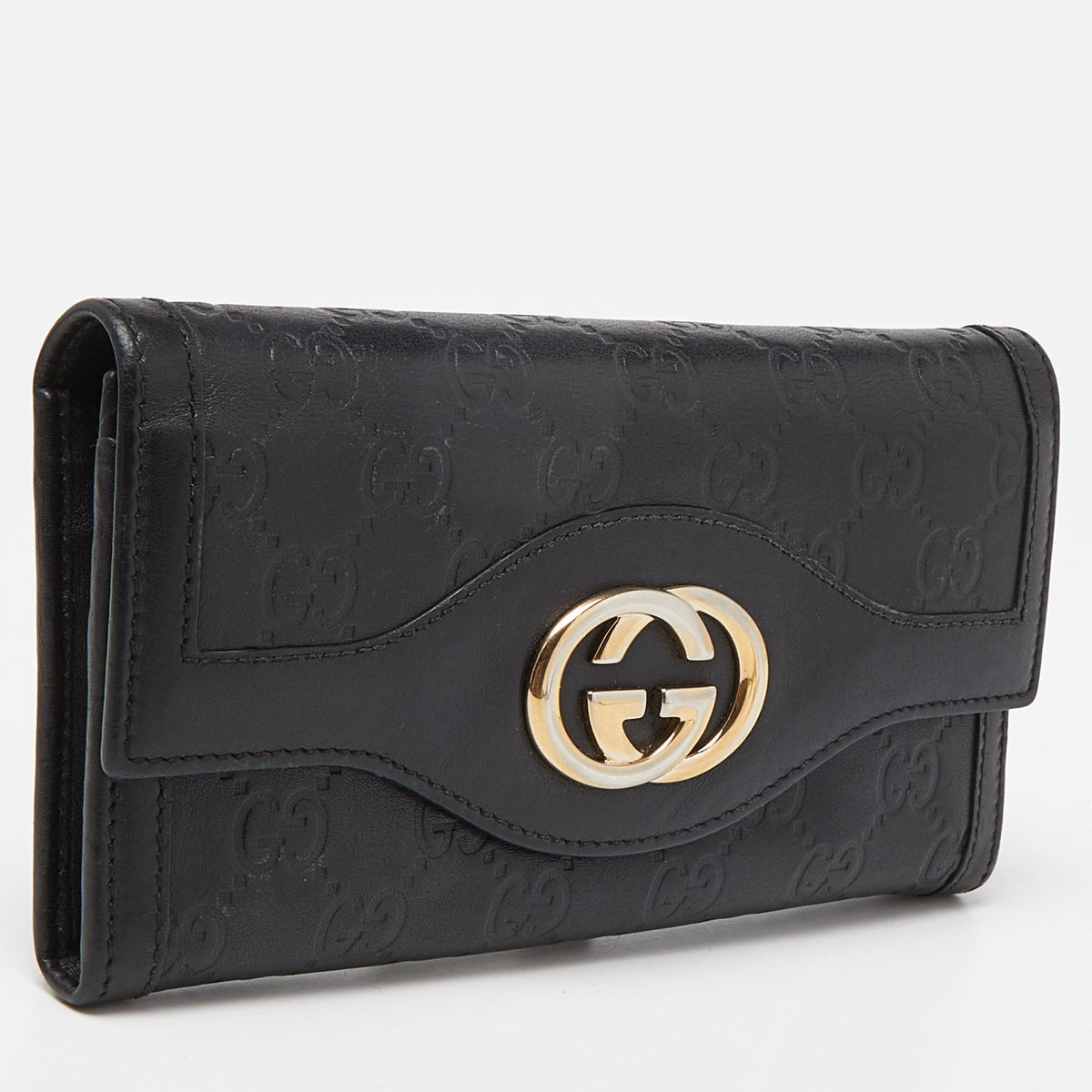 GUCCI Black ssima Leather Flap Continental Wallet