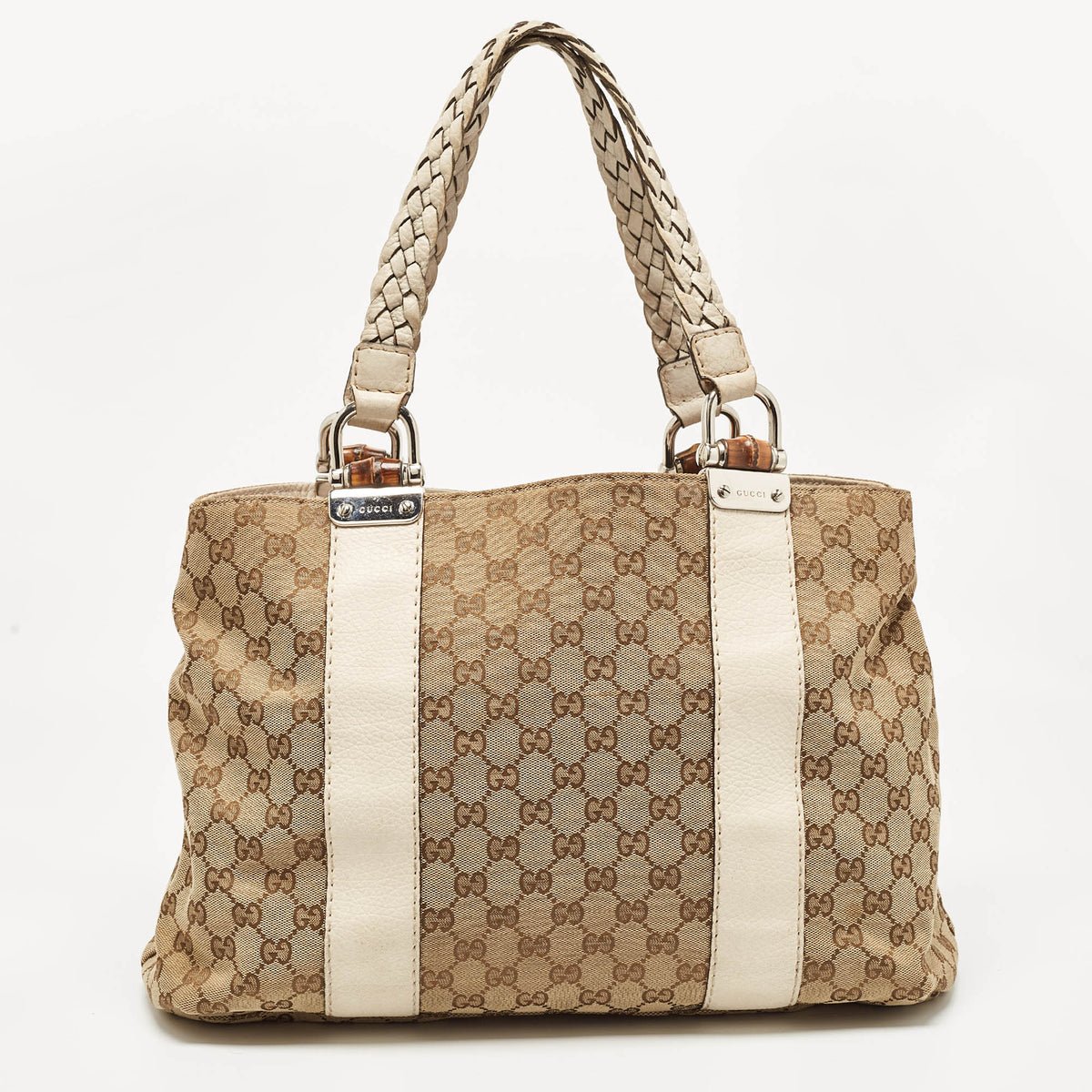 GUCCI Beige/Cream GG Canvas and Leather Large Bamboo Bar Tote