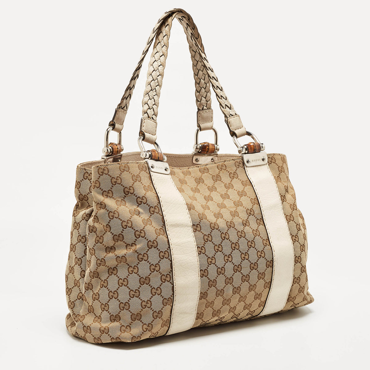 GUCCI Beige/Cream GG Canvas and Leather Large Bamboo Bar Tote