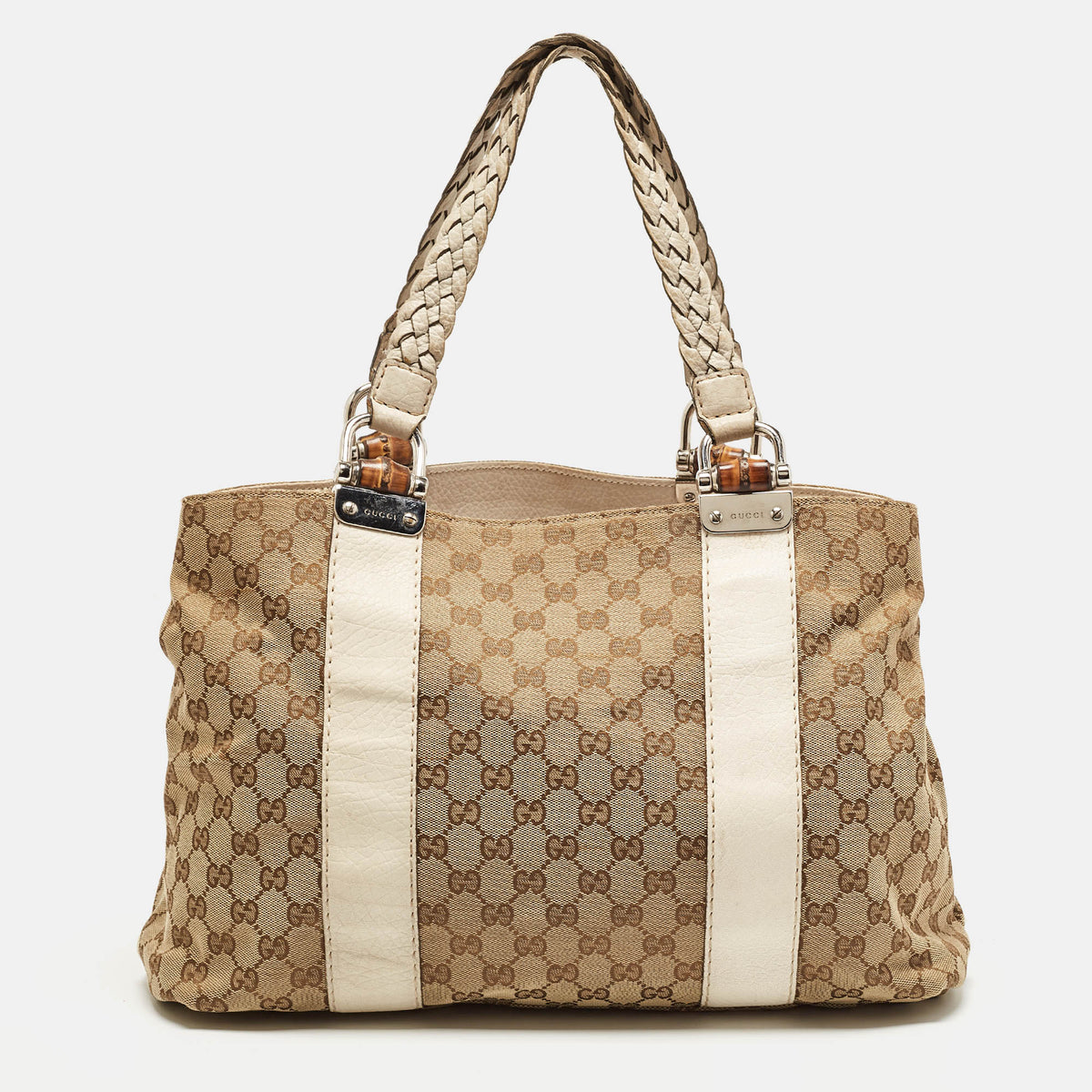 GUCCI Beige/Cream GG Canvas and Leather Large Bamboo Bar Tote