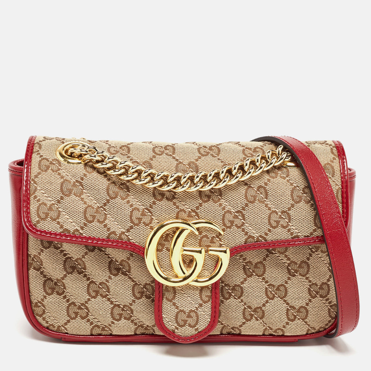 GUCCI Beige/Red Diagonal Canvas and Leather Mini GG Marmont Bag