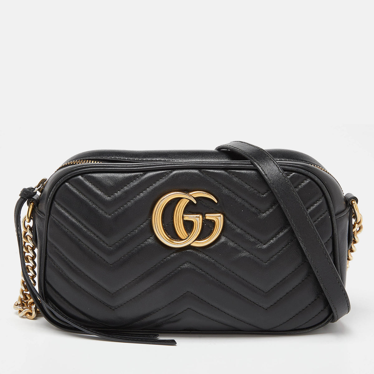 GUCCI Black Matelasse Leather GG Marmont Camera Crossbody Bag