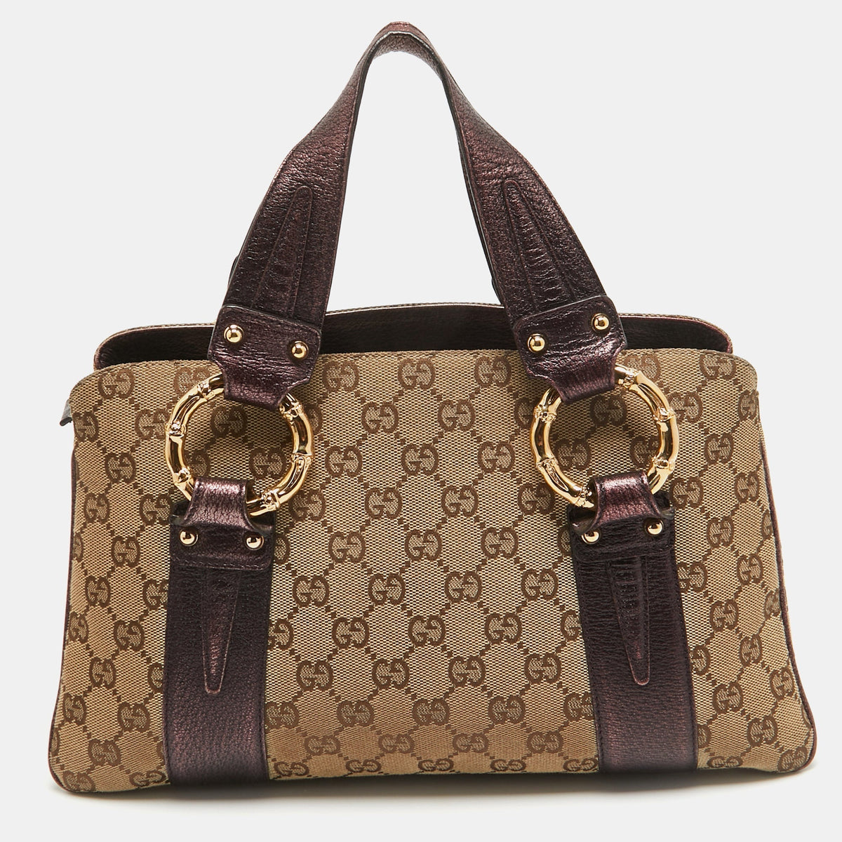 GUCCI Metallic Purple/Beige GG Canvas Metal Bamboo Ring Bag