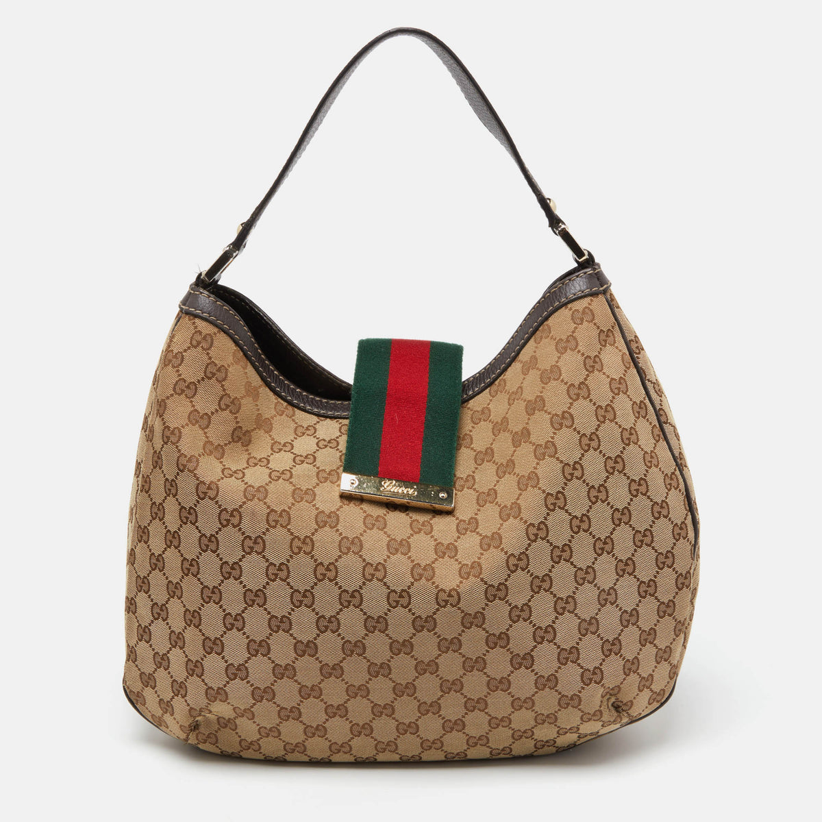 GUCCI Beige/Brown GG Canvas and Leather New Ladies Web Hobo