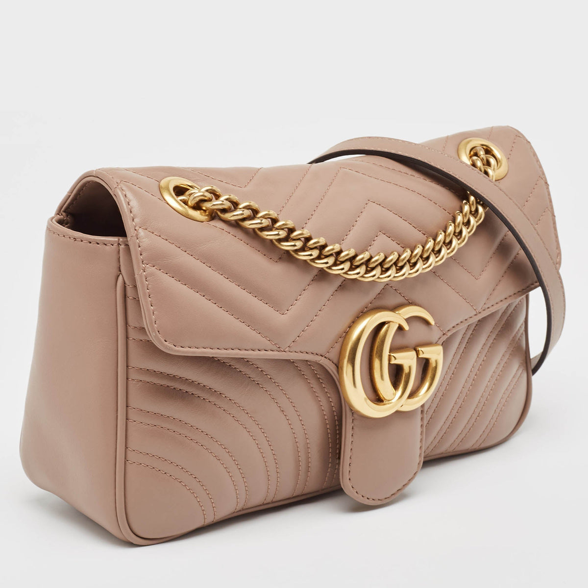 GUCCI Beige Matelasse Leather Small GG Marmont Shoulder Bag