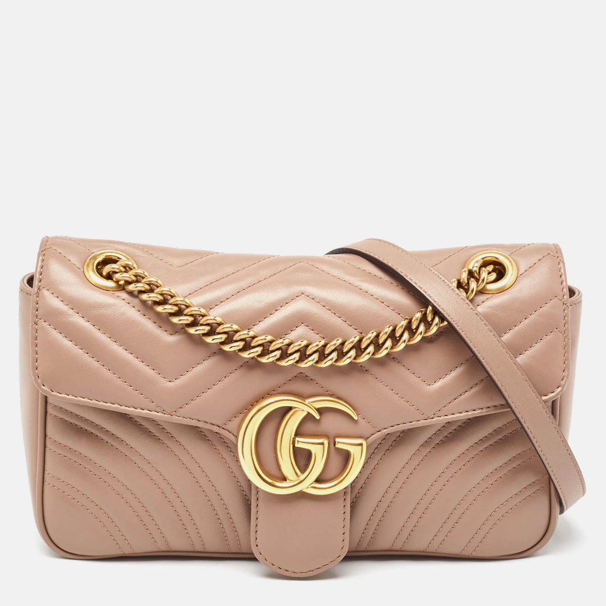 GUCCI Beige Matelasse Leather Small GG Marmont Shoulder Bag