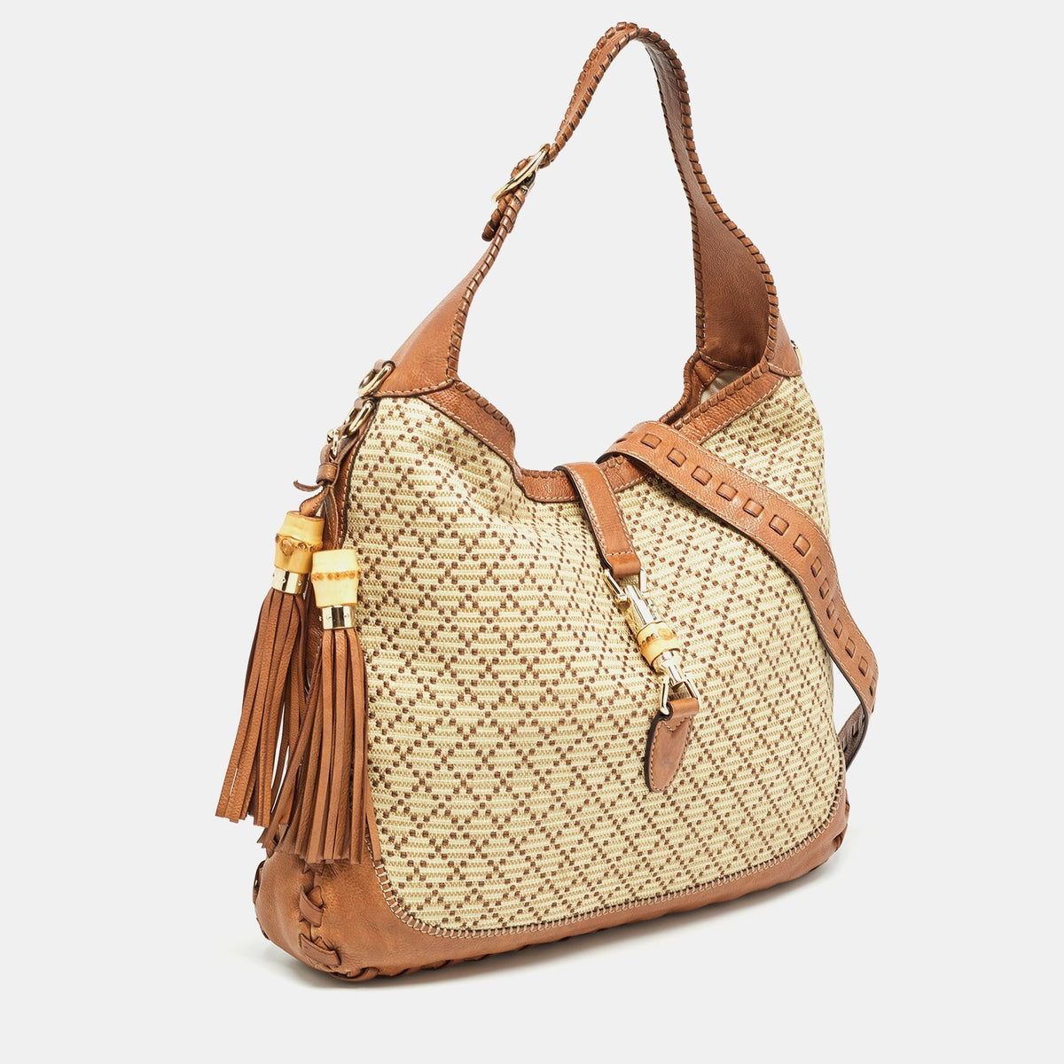 GUCCI Brown/Light Beige Diamante Raffia and Leather Large New Jackie Hobo