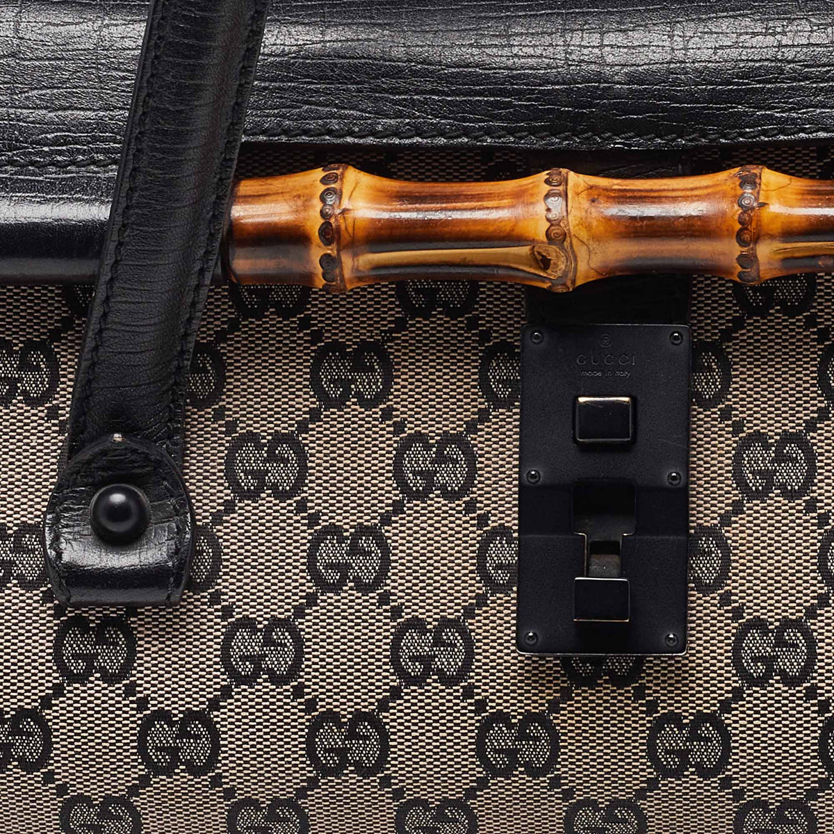 GUCCI Beige/Black GG Canvas and Leather Bamboo Bullet Satchel