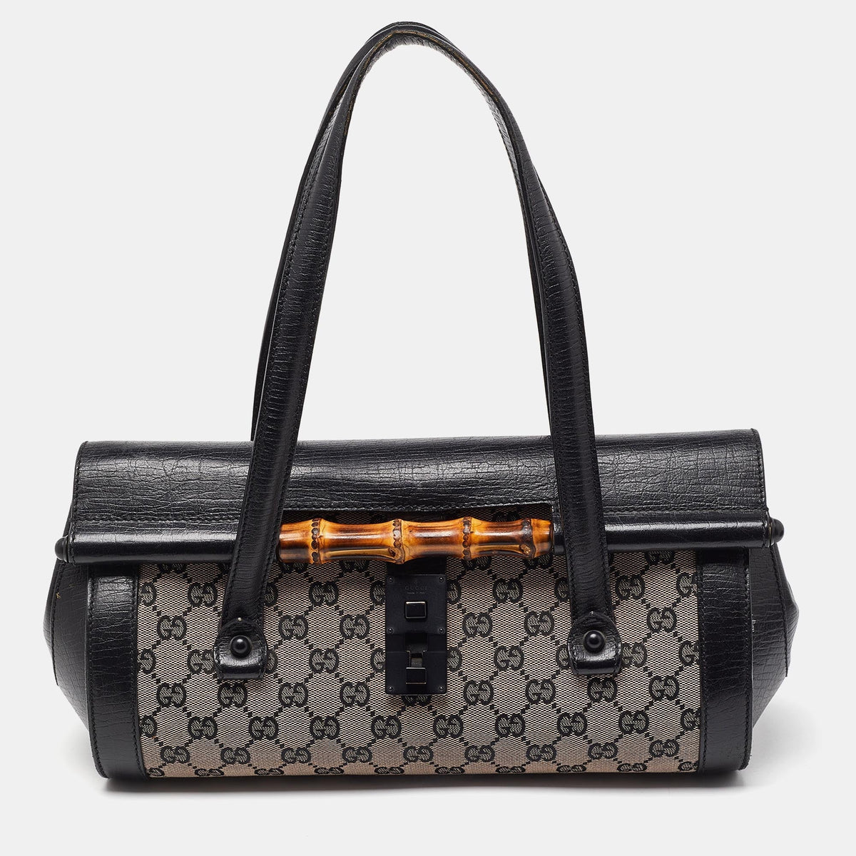 GUCCI Beige/Black GG Canvas and Leather Bamboo Bullet Satchel