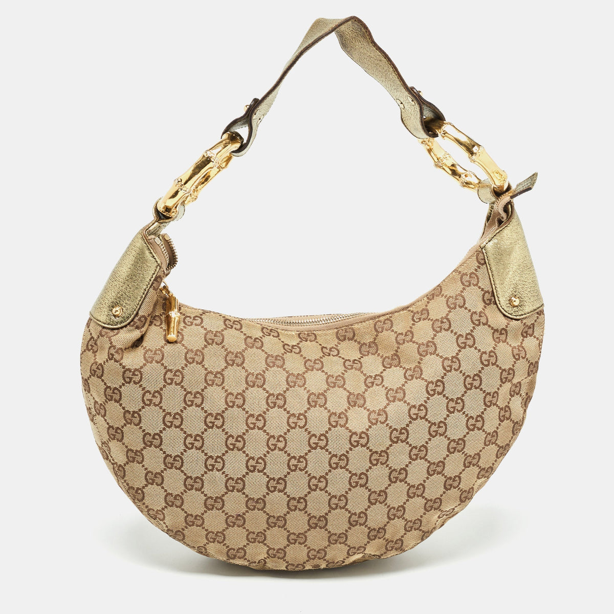GUCCI Green/Beige GG Canvas and Leather Metal Bamboo Ring Hobo
