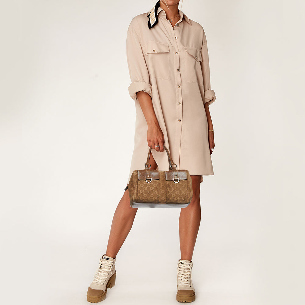 GUCCI Brown GG Suede and Leather Boston Bag