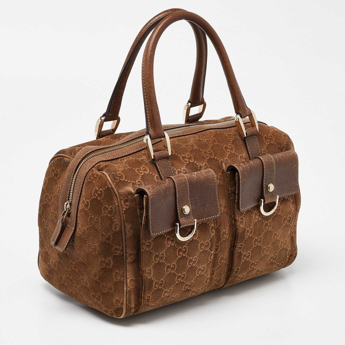 GUCCI Brown GG Suede and Leather Boston Bag
