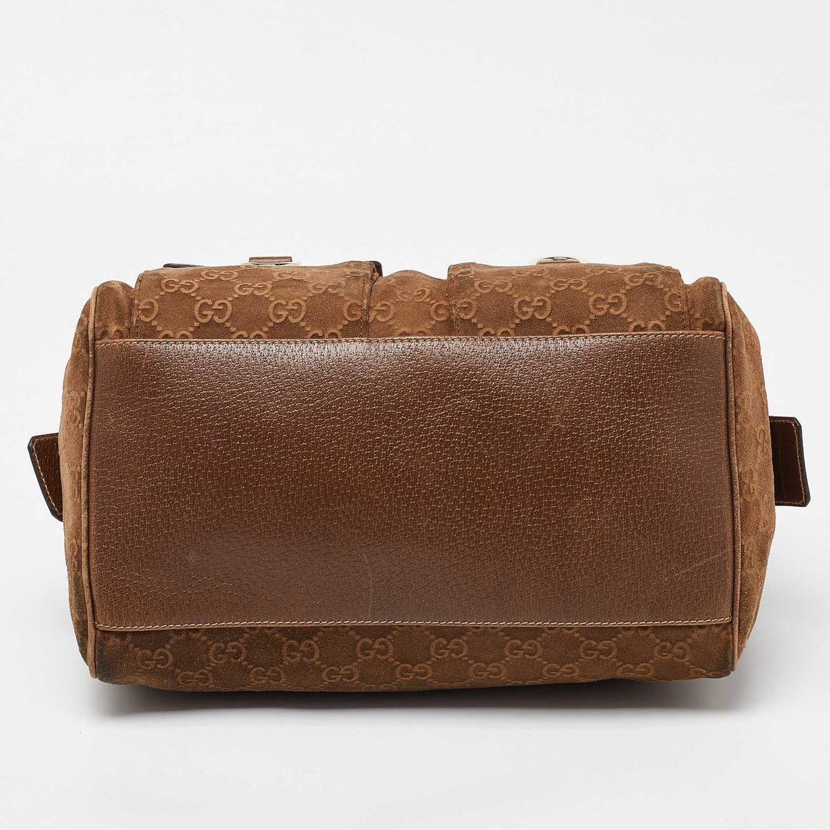 GUCCI Brown GG Suede and Leather Boston Bag