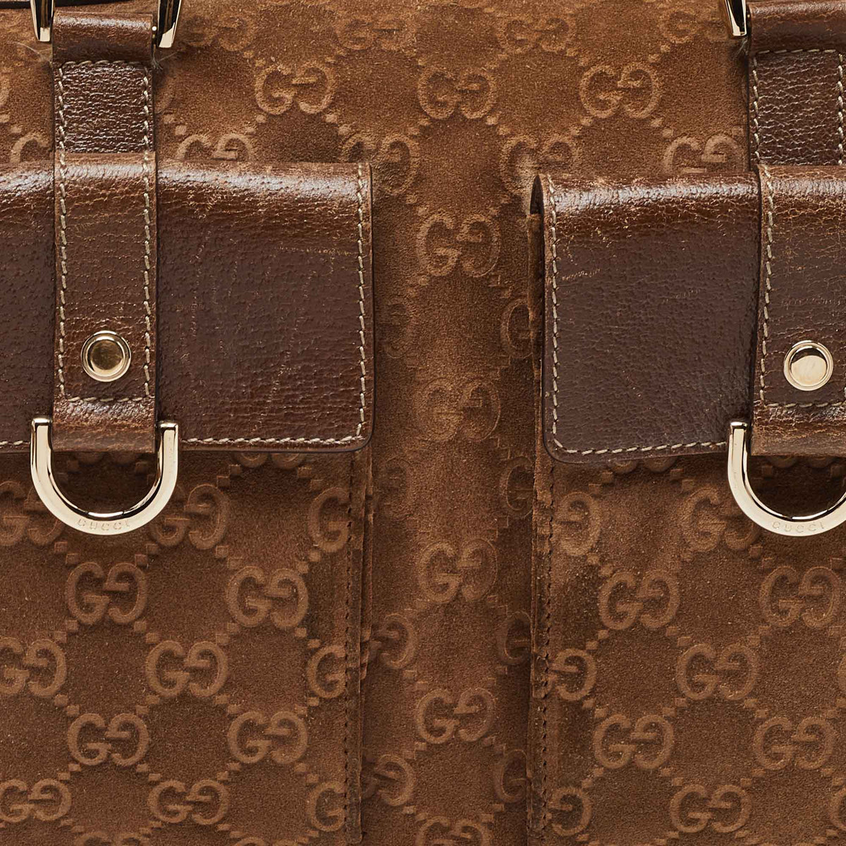 GUCCI Brown GG Suede and Leather Boston Bag