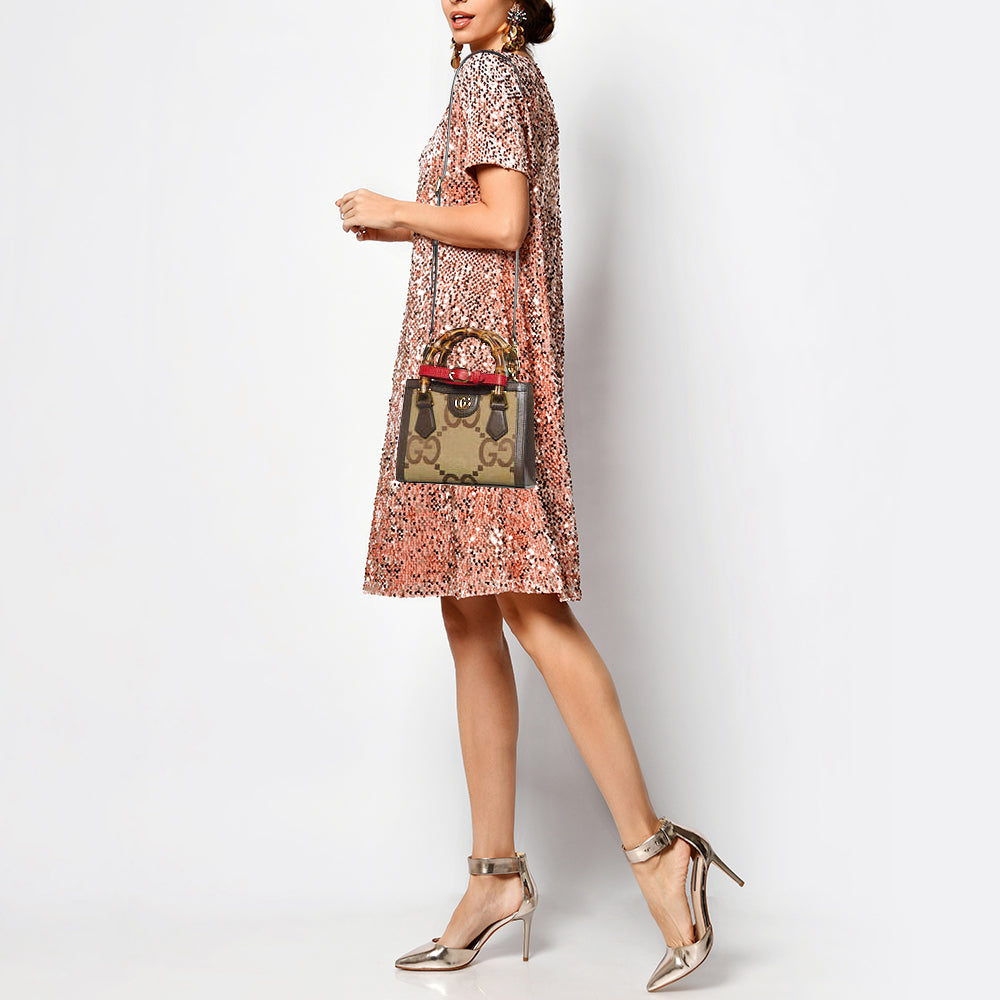 GUCCI Ebony/Beige Jumbo GG Canvas Mini Diana Tote