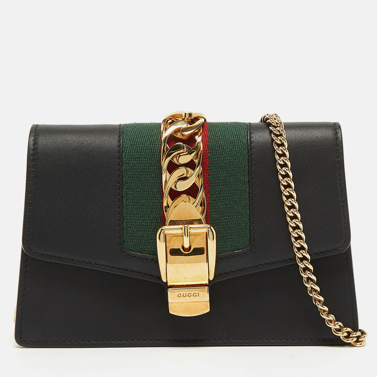 GUCCI Black Leather Super Mini Sylvie Chain Shoulder Bag
