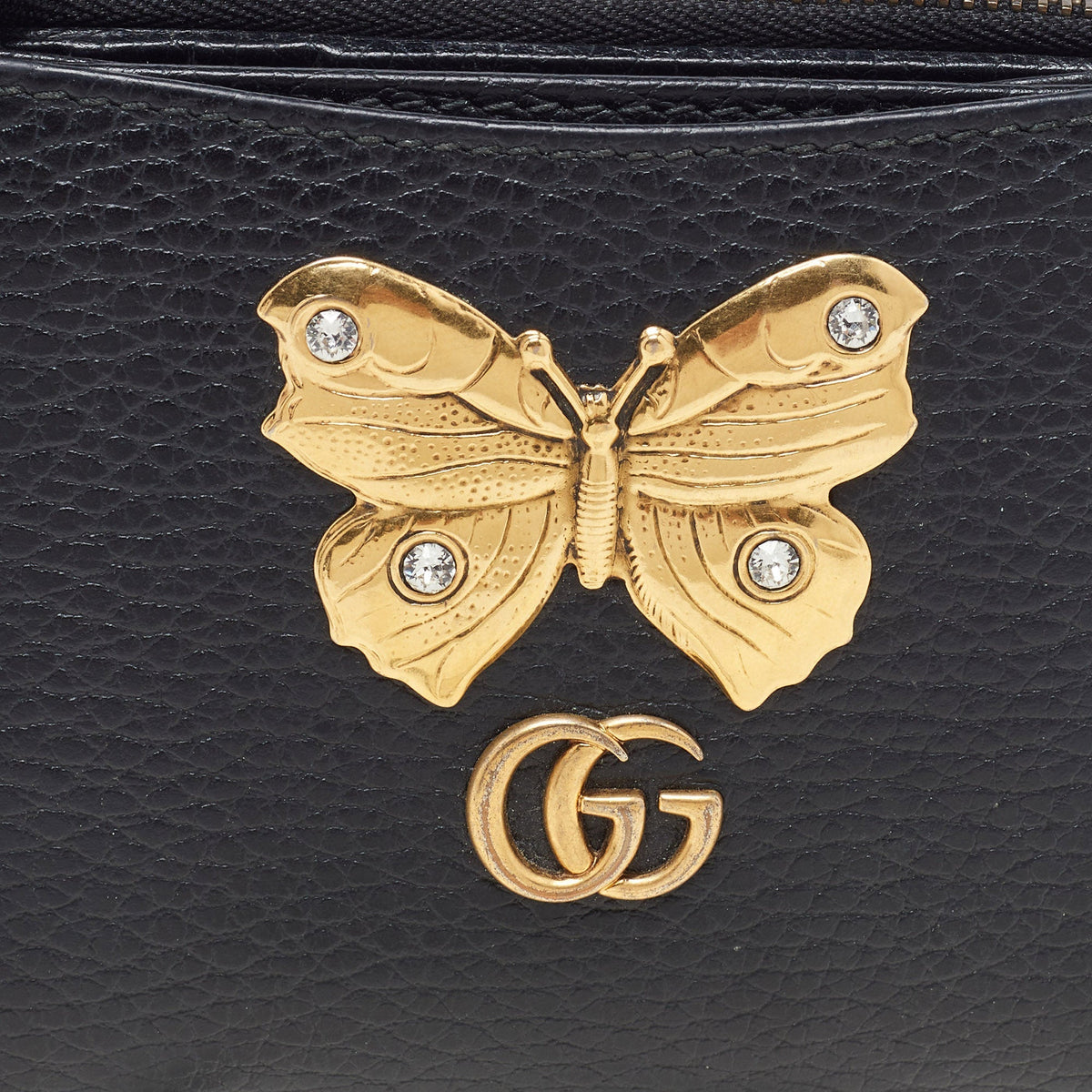 GUCCI Black Leather GG Marmont Butterfly Bifold Zip Wallet