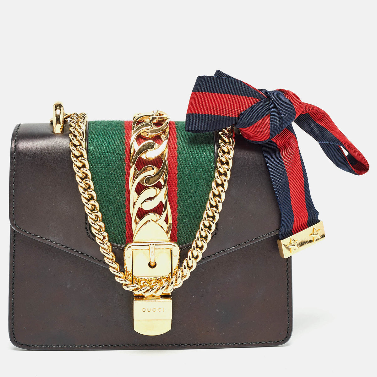 GUCCI Black Leather Mini Web Chain Sylvie Crossbody Bag