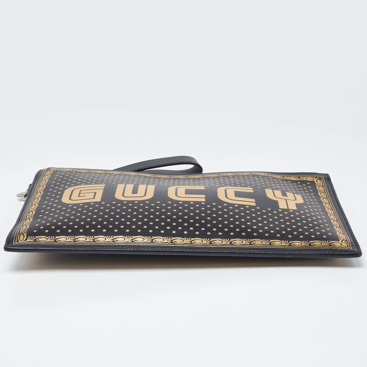 GUCCI Black Leather Guccy Star Wristlet Pouch
