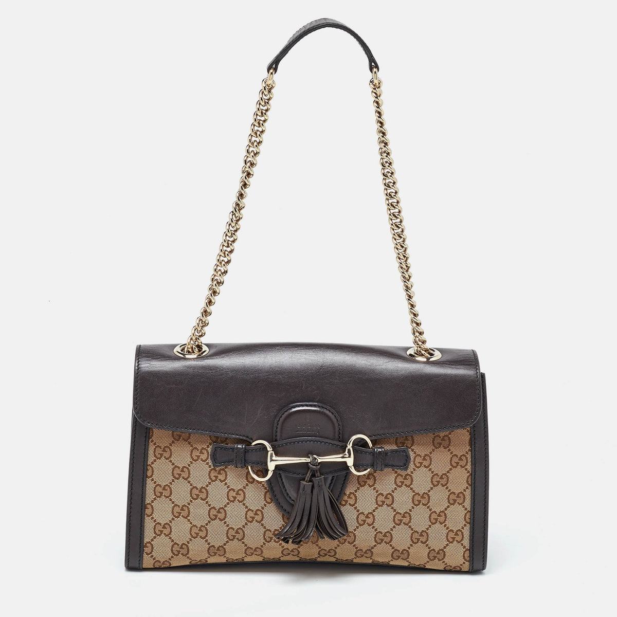 GUCCI Beige/Brown GG Canvas and Leather Medium Emily Chain Shoulder Bag