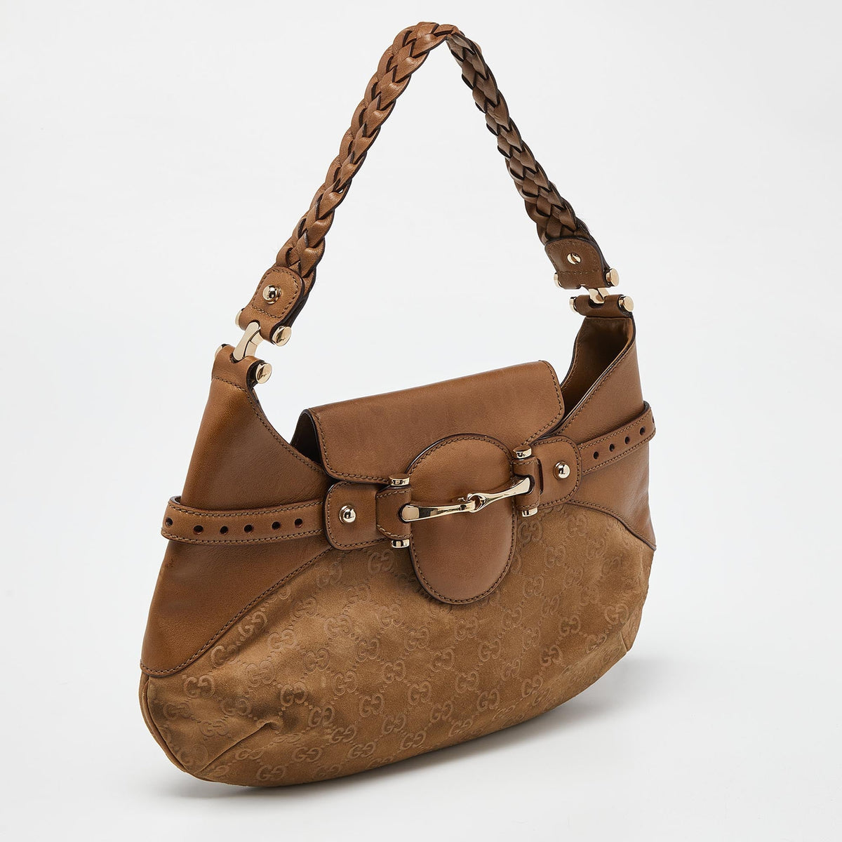 GUCCI Beige GG Suede and Leather Pelham Flap Hobo