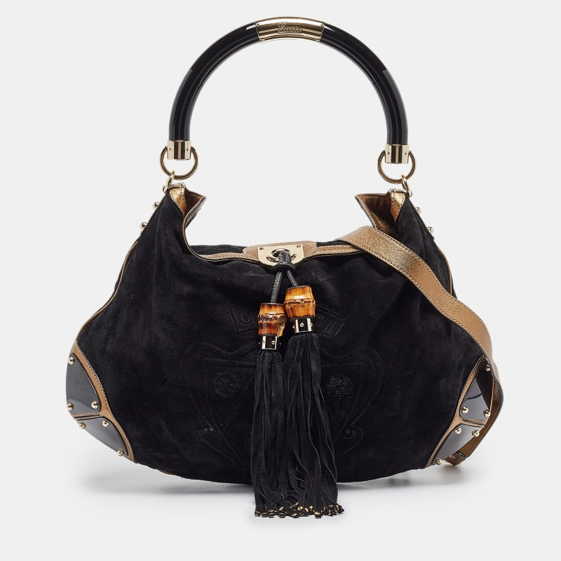 GUCCI Black/Gold Hysteria Embossed Suede Large Indy Hobo
