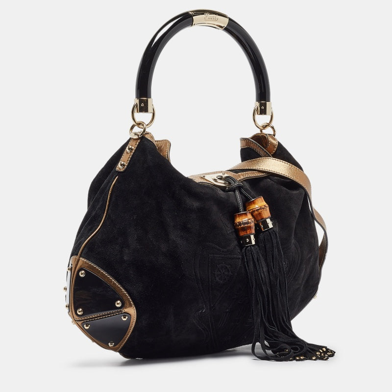 GUCCI Black/Gold Hysteria Embossed Suede Large Indy Hobo