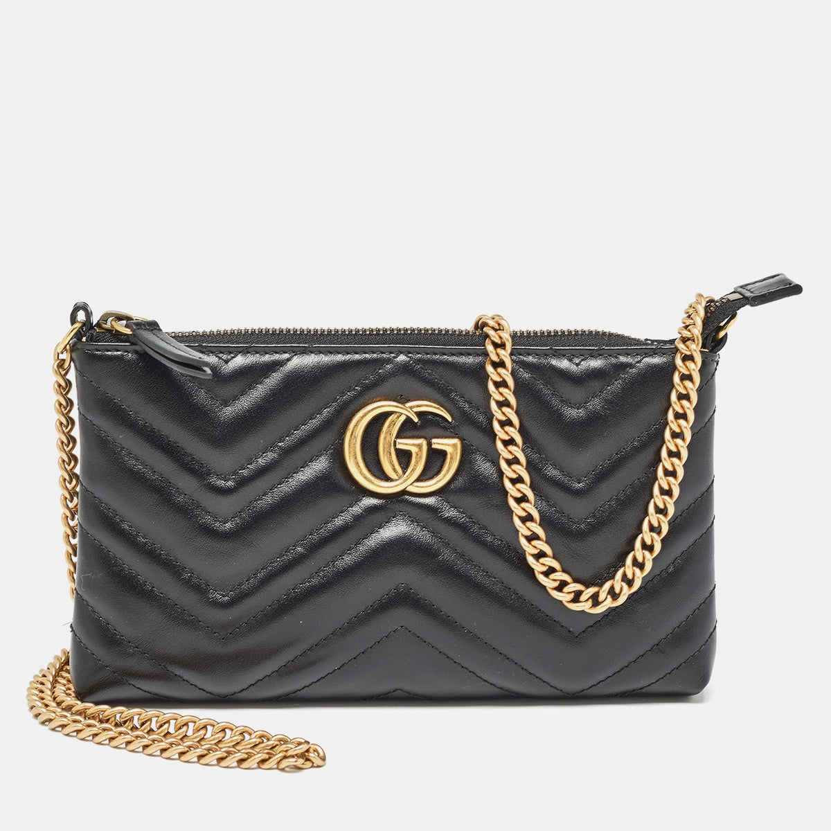 GUCCI Black Matelasse Leather GG Marmont Chain Clutch