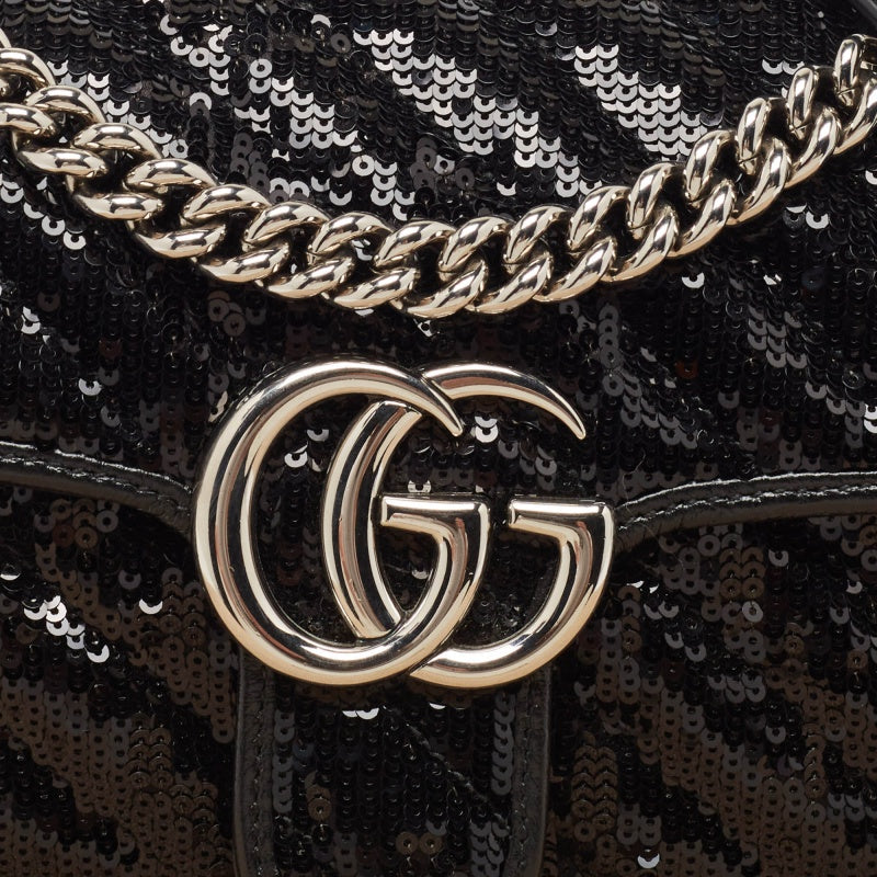 GUCCI Black Diagonal Sequins and Leather Mini GG Marmont Shoulder Bag