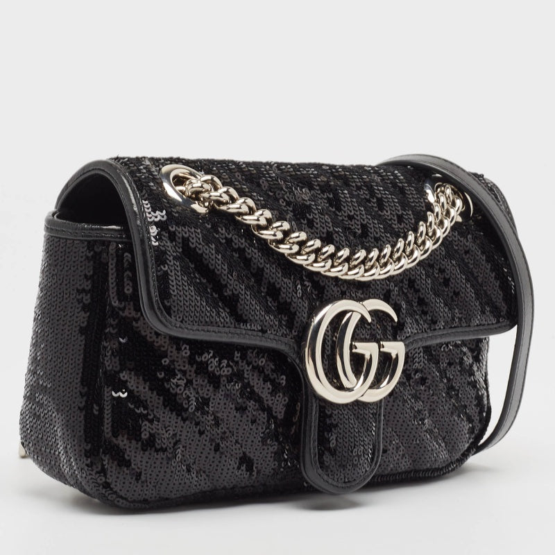 GUCCI Black Diagonal Sequins and Leather Mini GG Marmont Shoulder Bag