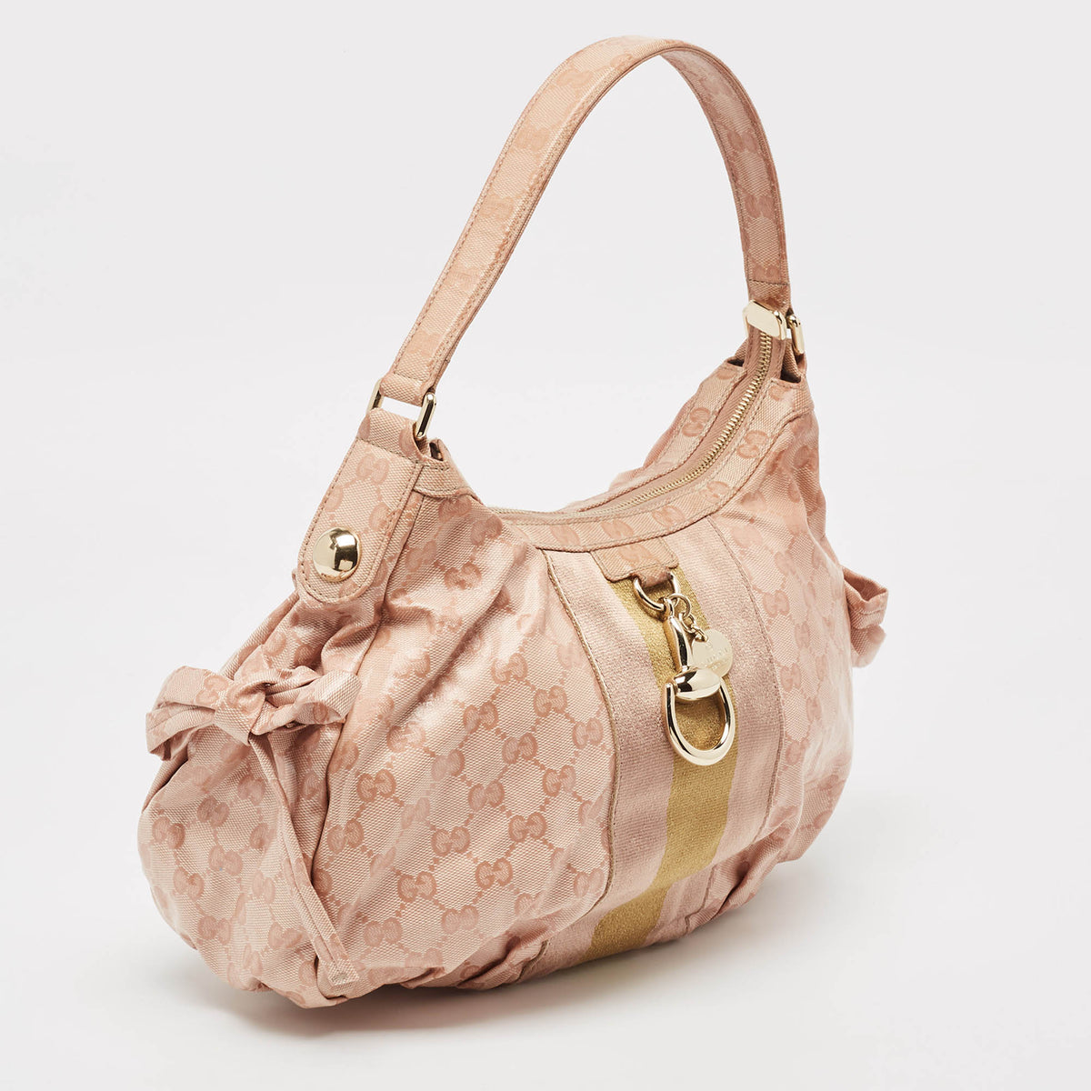 GUCCI Pink GG Crystals Canvas Horsebit Charm Web Hobo