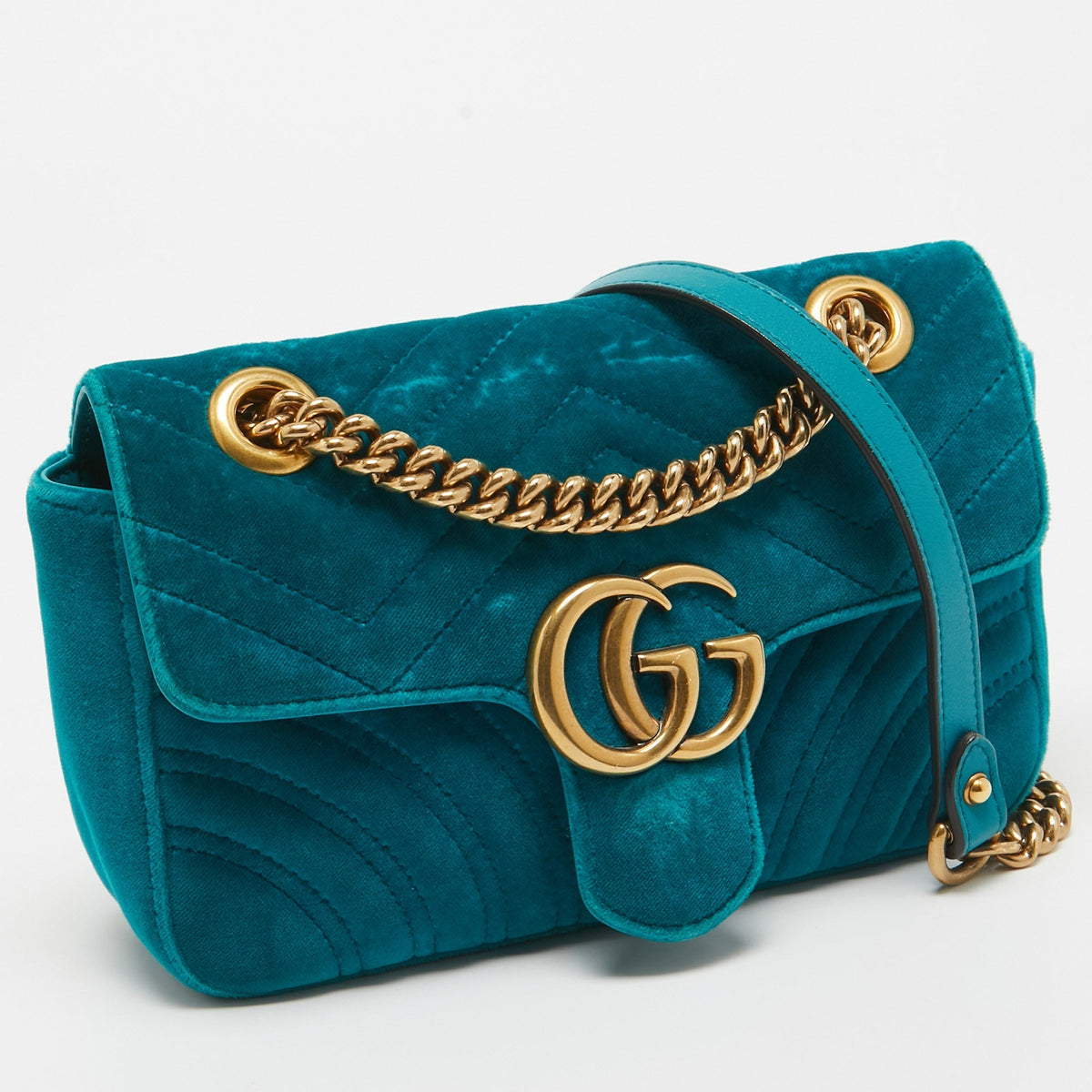 GUCCI Green Matelasse Velvet Mini GG Marmont Shoulder Bag