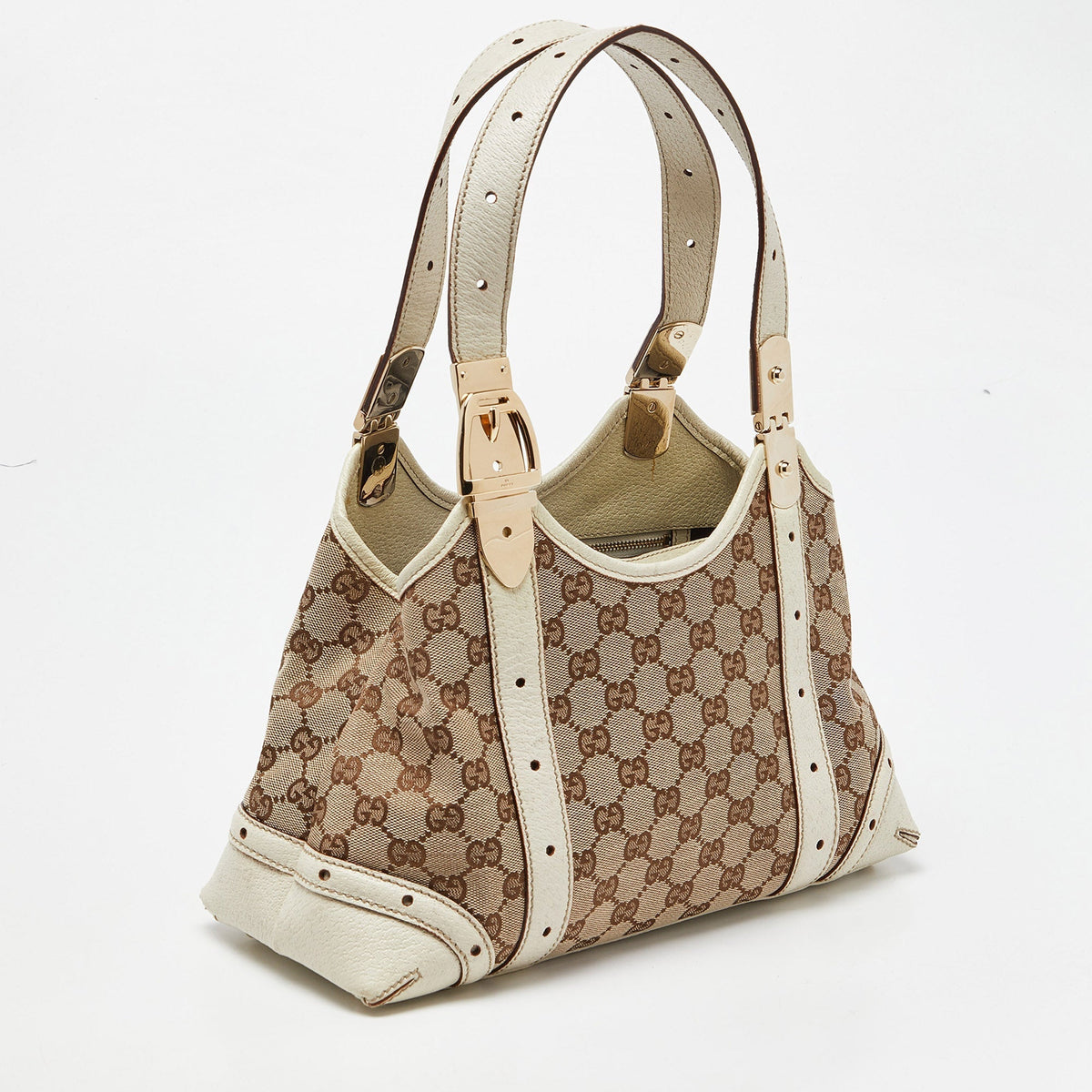 GUCCI Off-White/Beige Monogram Canvas and Leather Metal Buckle Shoulder Bag