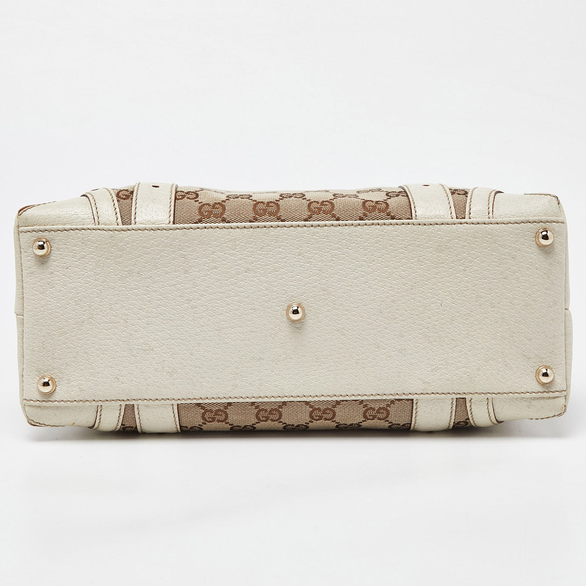 GUCCI Off-White/Beige Monogram Canvas and Leather Metal Buckle Shoulder Bag