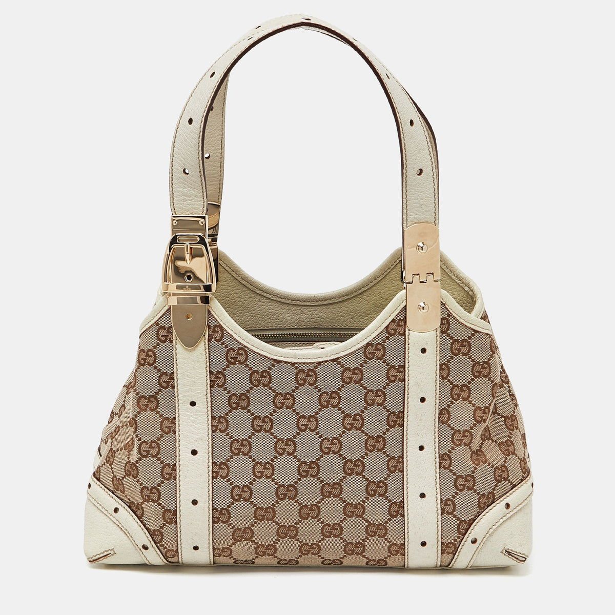 GUCCI Off-White/Beige Monogram Canvas and Leather Metal Buckle Shoulder Bag