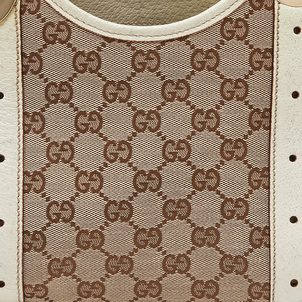 GUCCI Off-White/Beige Monogram Canvas and Leather Metal Buckle Shoulder Bag