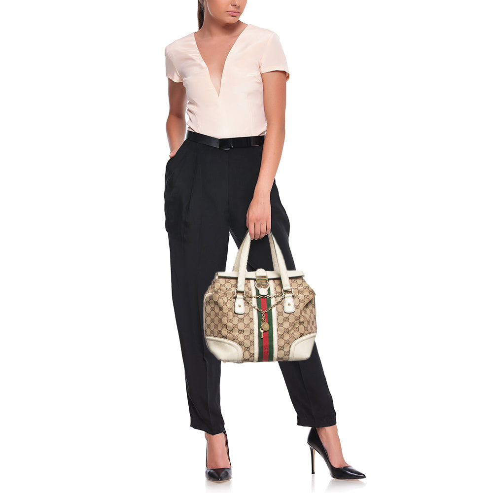 GUCCI Off White/Beige GG Canvas and Leather Web Treasure Boston Bag
