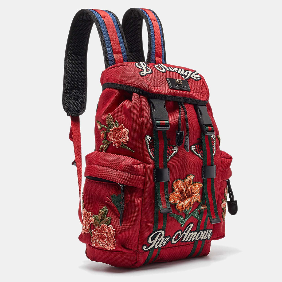 GUCCI Red Techno Canvas L'Aveugle Par Amour Embroidered Double Buckle Backpack