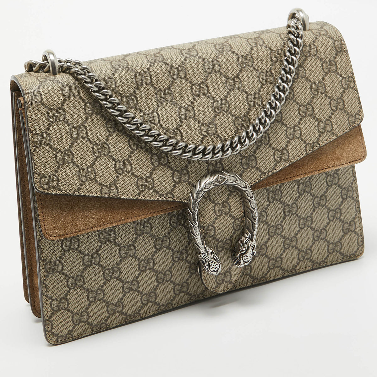 GUCCI Beige GG Supreme Canvas and Suede Medium Dionysus Shoulder Bag