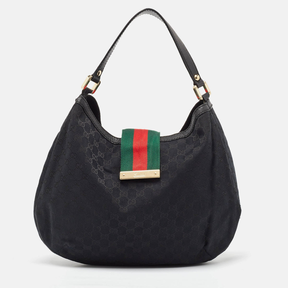GUCCI Black GG Canvas and Leather New Ladies Web Hobo