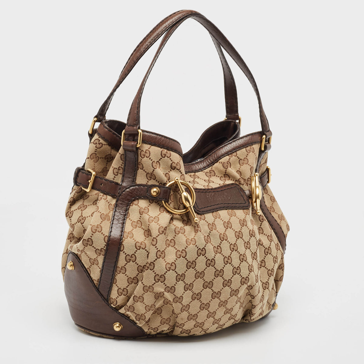 GUCCI Brown/Beige GG Canvas and Leather Horsebit Jockey Tote