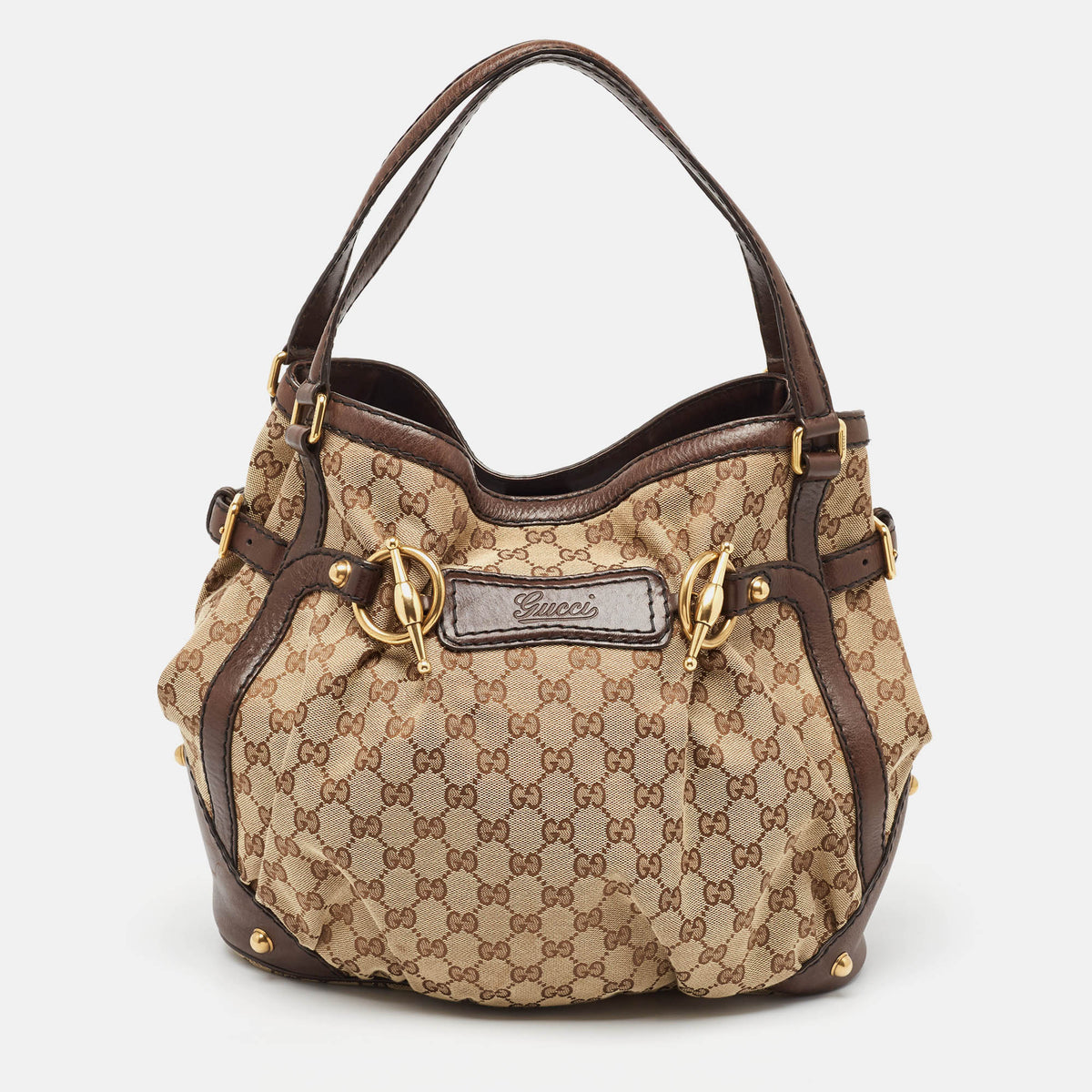 GUCCI Brown/Beige GG Canvas and Leather Horsebit Jockey Tote