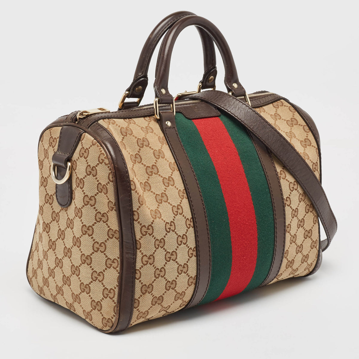 GUCCI Brown/Beige GG Canvas and Leather Joy Web Boston Bag