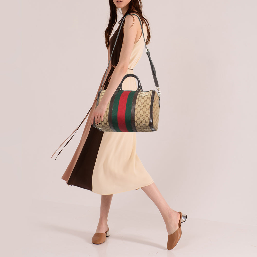 GUCCI Brown/Beige GG Canvas and Leather Joy Web Boston Bag