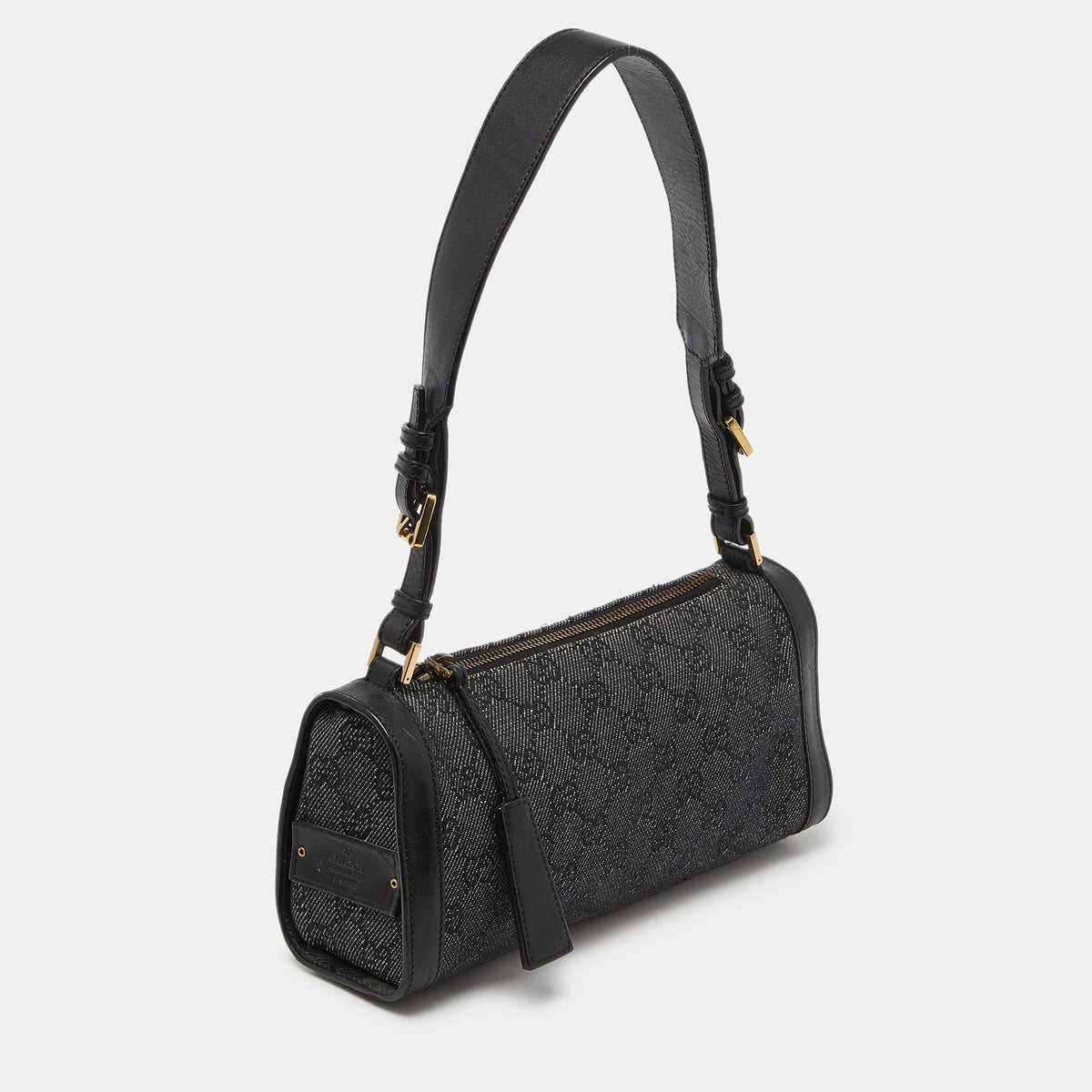 GUCCI Grey/Black GG Canvas and Leather Zip Bag