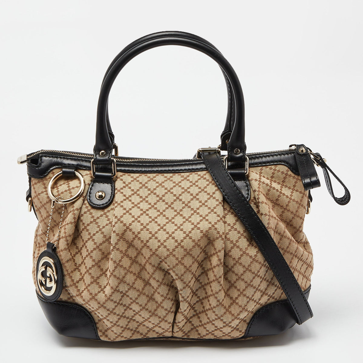 GUCCI Black/Beige Diamond Canvas and Leather Medium Sukey Tote
