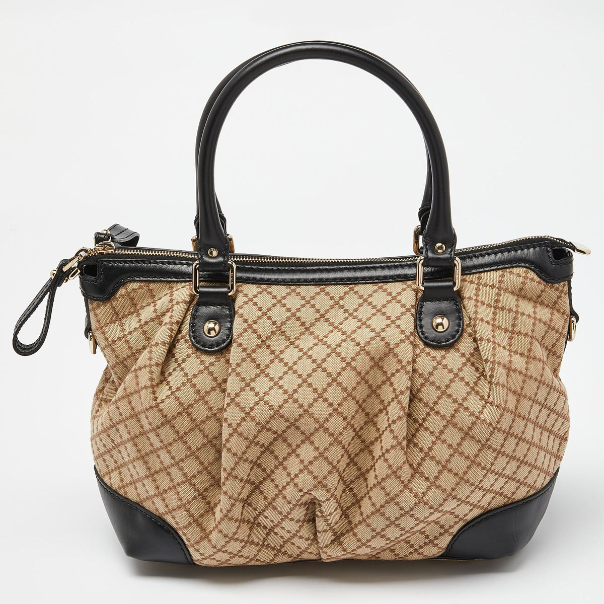 GUCCI Black/Beige Diamond Canvas and Leather Medium Sukey Tote